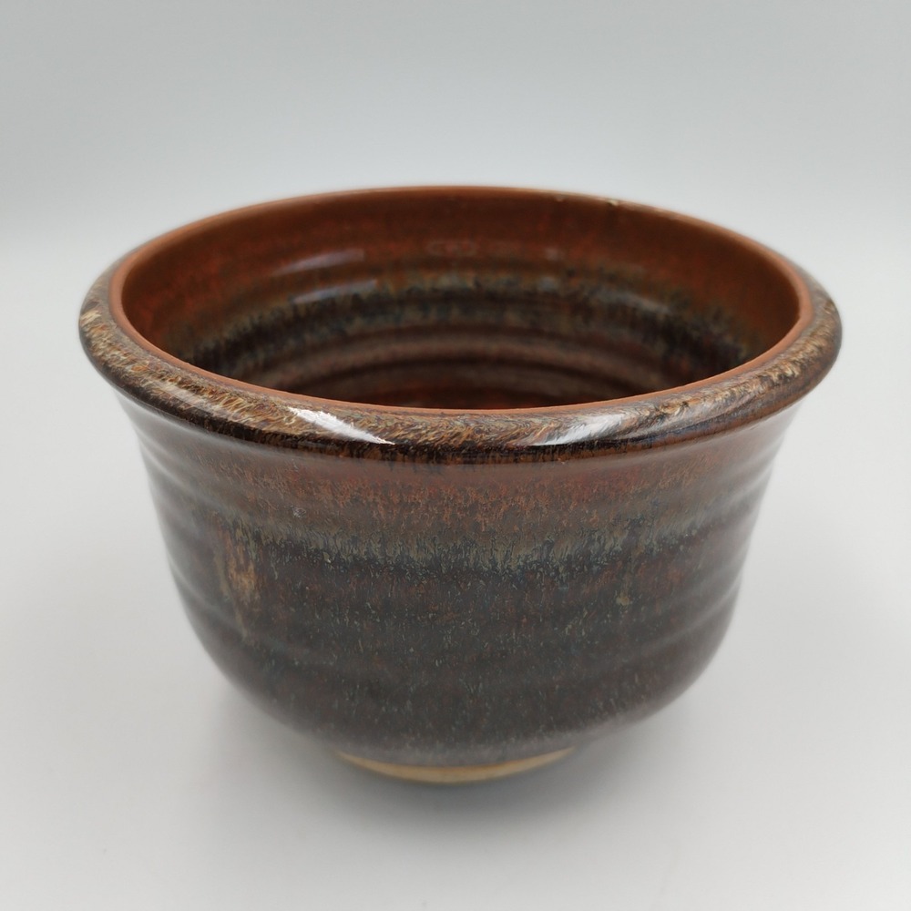 Studio Art Pottery Planter‎ Signed EB 2014 Handcrafted Brown Drip Glaze Desk